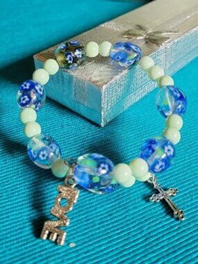 Single Beaded Wrist Wraps in Blue Gold White Charms